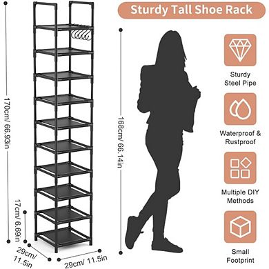 Great Ambitions Tall Narrow 10-Tier Metal Shoe Rack， Space Saving Corner Shelf for Entryway, Closet