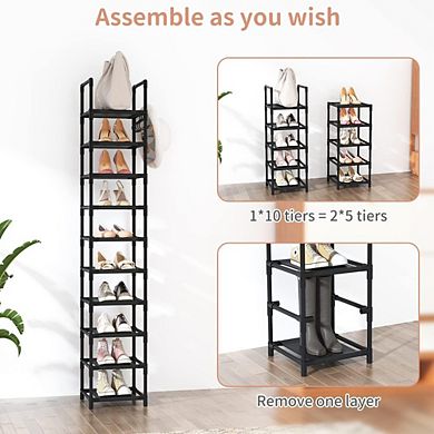 Great Ambitions Tall Narrow 10-Tier Metal Shoe Rack， Space Saving Corner Shelf for Entryway, Closet