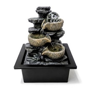 12"H Black and Gray Natural Rock Fountain - Cascading Bowls Design and Decorative Crystal Ball