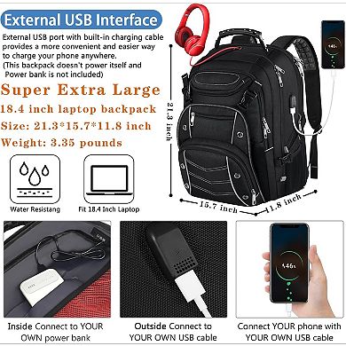AKSZRI 18.4" Extra Large Laptop Backpack - 60L Gaming Bag with USB Port & Anti-Theft Pocket, Grey