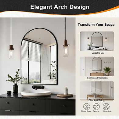 KSIZUIS Modern Arched Wall Mirror - 24"x36" Black for Bathroom Vanity, Bedroom & Living Room