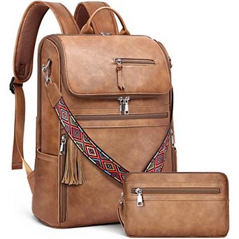 AKSZRI Leather Laptop Backpack for Women - 16.5" Travel Computer Bag with Tassel & Satchel, Brown