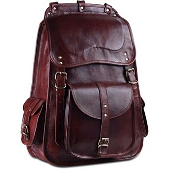 AKSZRI Handmade Full Grain Leather Backpack - 21" Vintage Brown Laptop Rucksack for Travel
