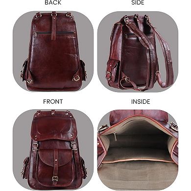 AKSZRI Handmade Full Grain Leather Backpack - 21" Vintage Brown Laptop Rucksack for Travel