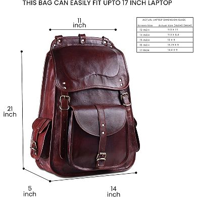 AKSZRI Handmade Full Grain Leather Backpack - 21" Vintage Brown Laptop Rucksack for Travel
