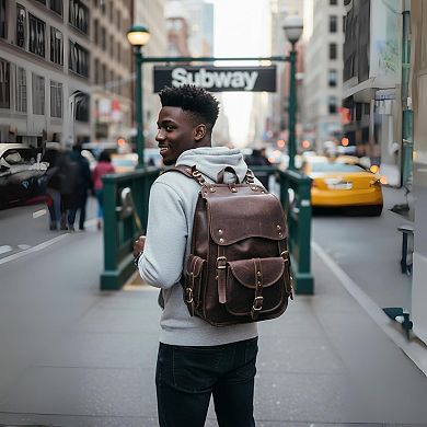AKSZRI Handmade Full Grain Leather Backpack - 21" Vintage Brown Laptop Rucksack for Travel