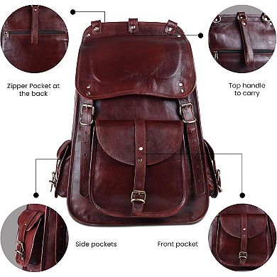 AKSZRI Handmade Full Grain Leather Backpack - 21" Vintage Brown Laptop Rucksack for Travel