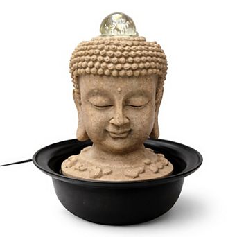 12"H Beige Zen Buddha Face LED Orb Indoor Cascading Bowls Design Tabletop Fountain