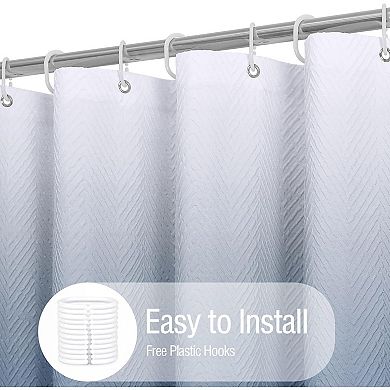 Ombre Blue Shower Curtain, 3D Embossed Textured Herringbone Fabric Shower Curtain with Hooks, 72x72