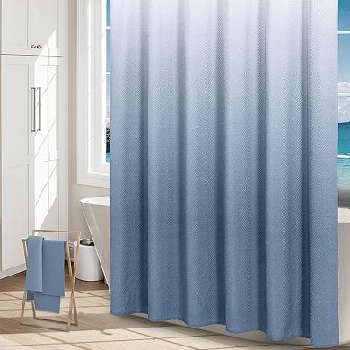 Ombre Blue Shower Curtain, 3D Embossed Textured Herringbone Fabric Shower Curtain with Hooks, 72x72