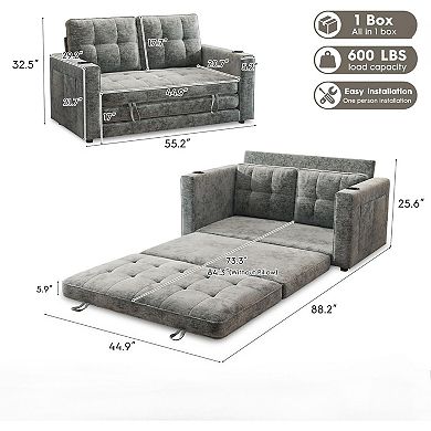 AKSZRI 55"Convertible Sofa Bed-Pull-Out Loveseat Sleeper with Cup Holder&Pillow,Grey Chenille