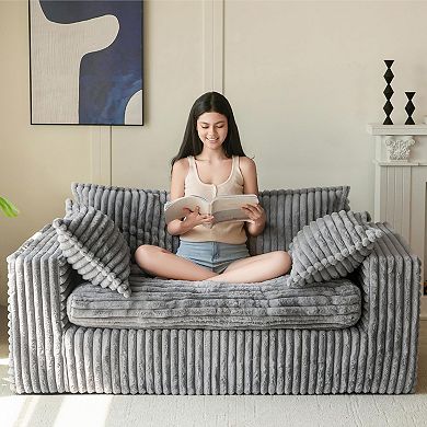 AKSZRI 59" Bean Bag Loveseat Sofa - Boneless Upholstered Couch in a Box, Dark Grey