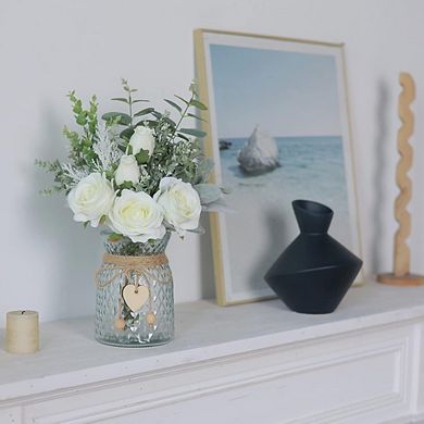 Great Ambitions White Faux Roses & Eucalyptus in Vase, Silk Flower Arrangement for Home Table Decor