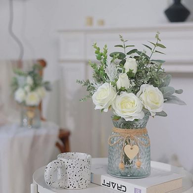 Great Ambitions White Faux Roses & Eucalyptus in Vase, Silk Flower Arrangement for Home Table Decor