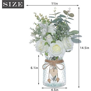 Great Ambitions White Faux Roses & Eucalyptus in Vase, Silk Flower Arrangement for Home Table Decor