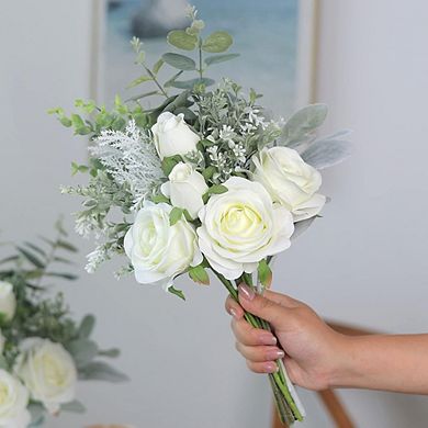Great Ambitions White Faux Roses & Eucalyptus in Vase, Silk Flower Arrangement for Home Table Decor