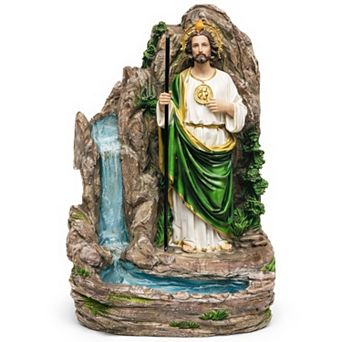 18"H White and Green Saint Jude Fountain Standing Statue with Rocky Cascading Bowls Design