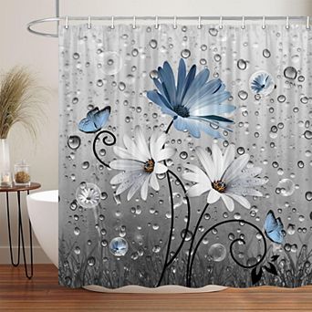 Daisy Flowers and Butterfly Shower Curtain for Bathroom, Country Blue with 12 pc Hooks, 70X70IN