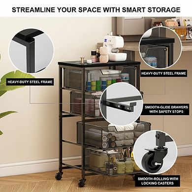 KSIZUIS Patent-Pending Rolling Cart - 4-Drawer Storage with Wood Top for Office, Kitchen & Classroom