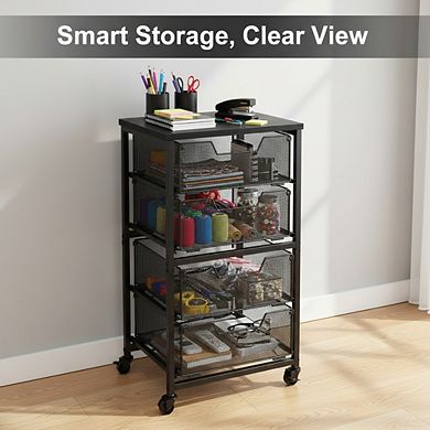 KSIZUIS Patent-Pending Rolling Cart - 4-Drawer Storage with Wood Top for Office, Kitchen & Classroom