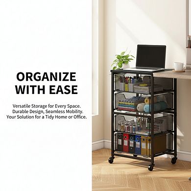 KSIZUIS Patent-Pending Rolling Cart - 4-Drawer Storage with Wood Top for Office, Kitchen & Classroom