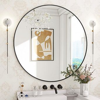 KSIZUIS Modern Round Wall Mirror - 30" Black Metal Frame for Bathroom, Living Room & Entryway