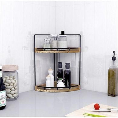 Great Ambitions 2-Tier Bathroom Corner Organizer, Wood Vanity Storage Shelf, Brown