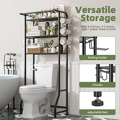 Great Ambitions Black 3-Tier Over-The-Toilet Metal Storage Rack with Paper Holder & Hooks