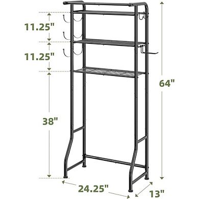 Great Ambitions Black 3-Tier Over-The-Toilet Metal Storage Rack with Paper Holder & Hooks