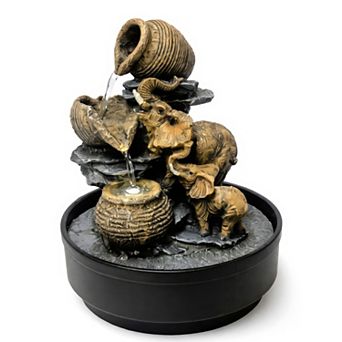 12"H Black and Brown Tranquil Elephant Fountain - Cascading Bowls Design with Elephant Pair