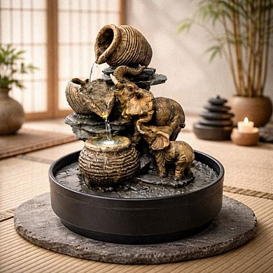 12"H Black and Brown Tranquil Elephant Fountain - Cascading Bowls Design with Elephant Pair