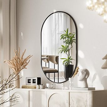 KSIZUIS Versatile Oval Wall Mirror - 17x30 Inch, Mounts Horizontally or Vertically in Black Metal Fr
