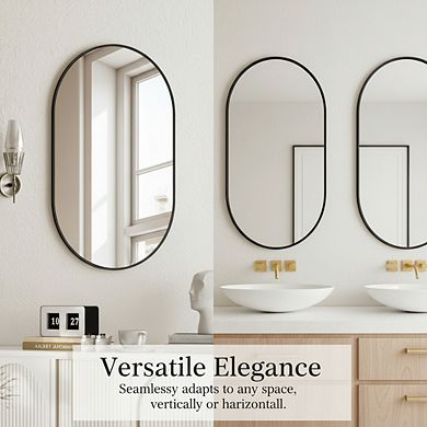 KSIZUIS Versatile Oval Wall Mirror - 17x30 Inch, Mounts Horizontally or Vertically in Black Metal Fr
