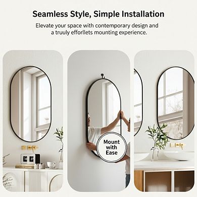KSIZUIS Versatile Oval Wall Mirror - 17x30 Inch, Mounts Horizontally or Vertically in Black Metal Fr