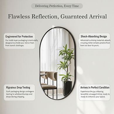 KSIZUIS Versatile Oval Wall Mirror - 17x30 Inch, Mounts Horizontally or Vertically in Black Metal Fr