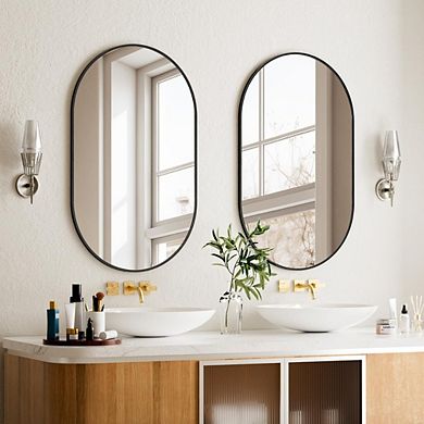 KSIZUIS Versatile Oval Wall Mirror - 17x30 Inch, Mounts Horizontally or Vertically in Black Metal Fr