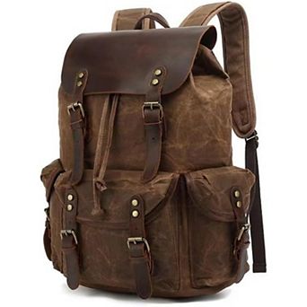 AKSZRI Leather & Waxed Canvas Backpack - Travel Rucksack & Laptop Bag