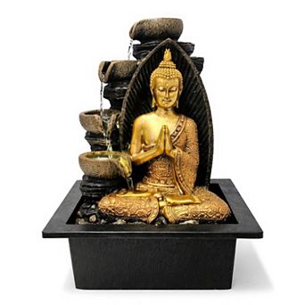 14"H Black Gold Buddha Tabletop Fountain Lotus Pose with Cascading Bowlsl Design