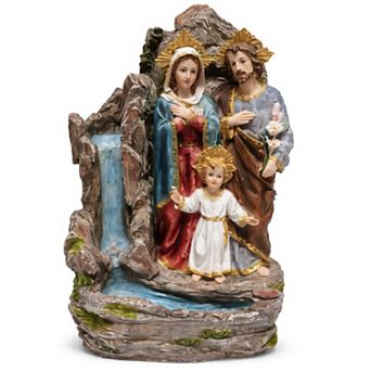18"H Red and Blue Sacred Holy Family Fountain - Nativity Trio with Rocky Cascading Bowls