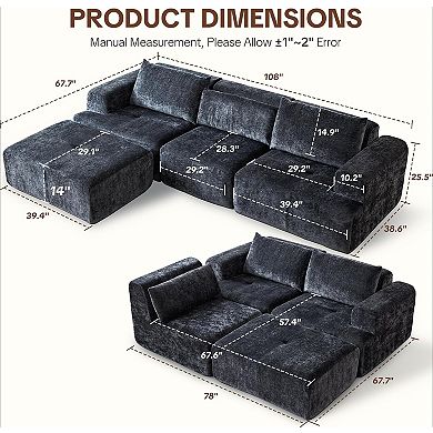 AKSZRI 108" Modular L-Shape Sectional Sofa - Cloud Couch with Deep Seat & Pillows,Grey