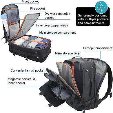AKSZRI 40L Travel Backpack - Flight Approved, Water-Resistant, Fits 17.3" Laptop, Black