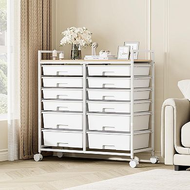 Rolling Storage Cart with 12 Drawers, Wooden Tabletop Utility Cart for Craft Storage
