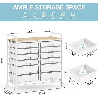 Rolling Storage Cart with 12 Drawers, Wooden Tabletop Utility Cart for Craft Storage
