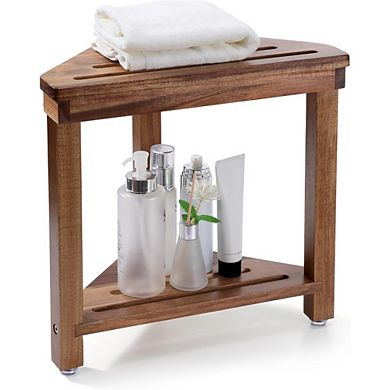 Great Ambitions 14in Acacia Wood Shower Stool, Waterproof with Shelf for Shaving & Storage