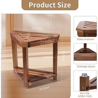 Great Ambitions 14in Acacia Wood Shower Stool, Waterproof with Shelf for Shaving & Storage