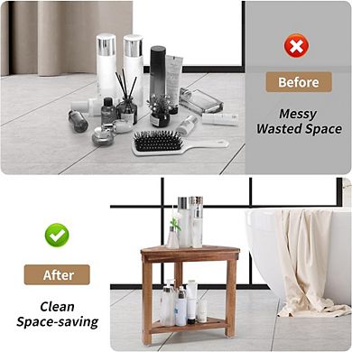 Great Ambitions 14in Acacia Wood Shower Stool, Waterproof with Shelf for Shaving & Storage
