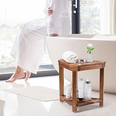 Great Ambitions 14in Acacia Wood Shower Stool, Waterproof with Shelf for Shaving & Storage