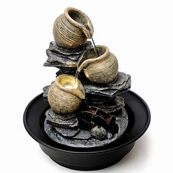 12"H Brown Rustic Jug Fountain - Tiered Faux Stone Design with Cascading Bowls Design