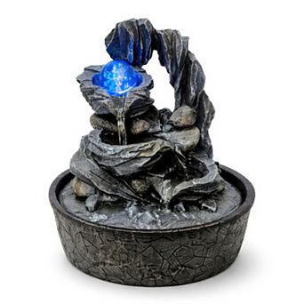 12"H Gray Natural Rock Fountain - Cascading Bowls Design with Glowing Blue Orb