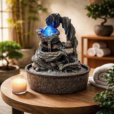 12"H Gray Natural Rock Fountain - Cascading Bowls Design with Glowing Blue Orb